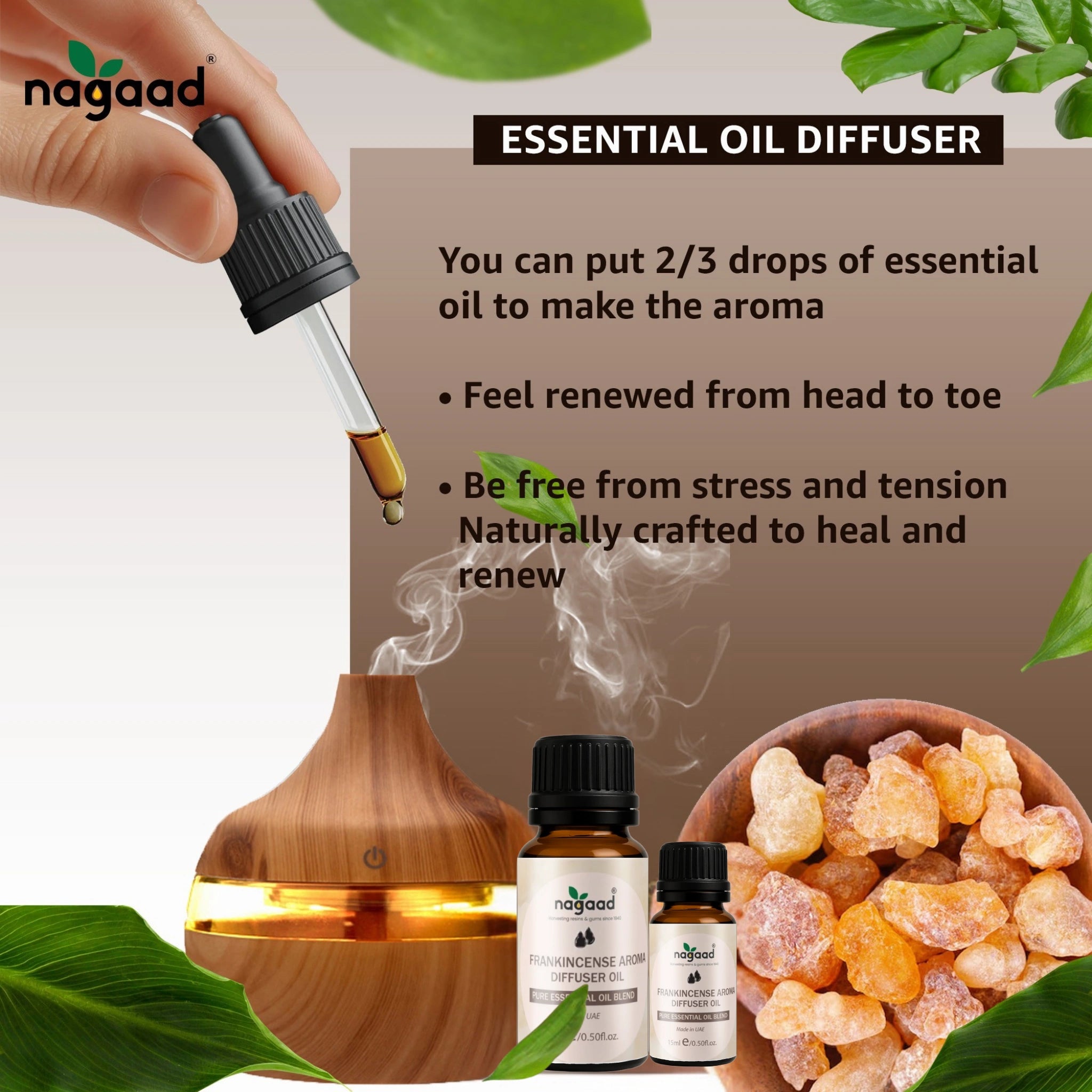 Frankincense essential oil bottle with benefits listed: relaxation, skin support, meditation, breathing, and mental clarity.