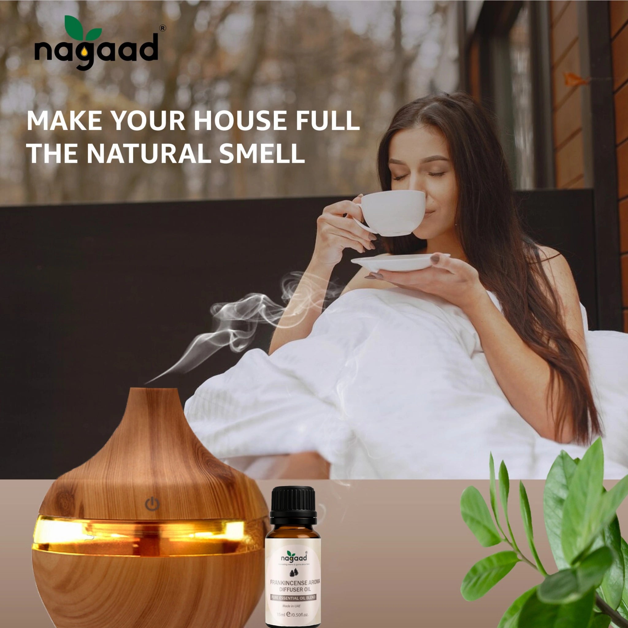 Frankincense essential oil bottle and diffuser with text overlay on a blurred background.