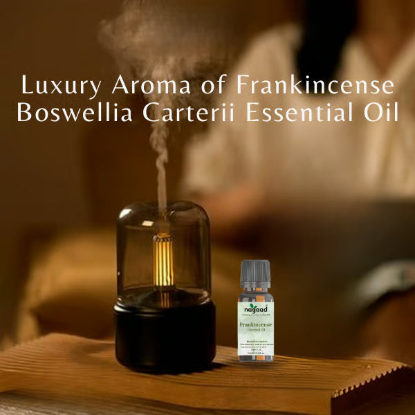 Frankincense essential oil bottle and diffuser with text overlay on a blurred background.