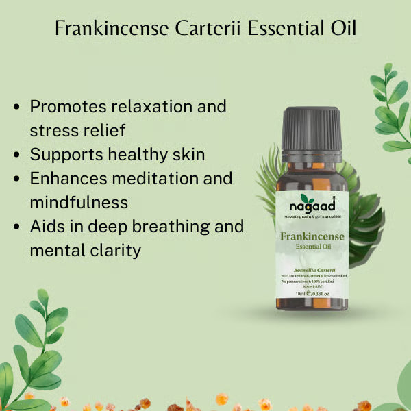 Frankincense essential oil bottle with benefits listed: relaxation, skin support, meditation, breathing, and mental clarity.