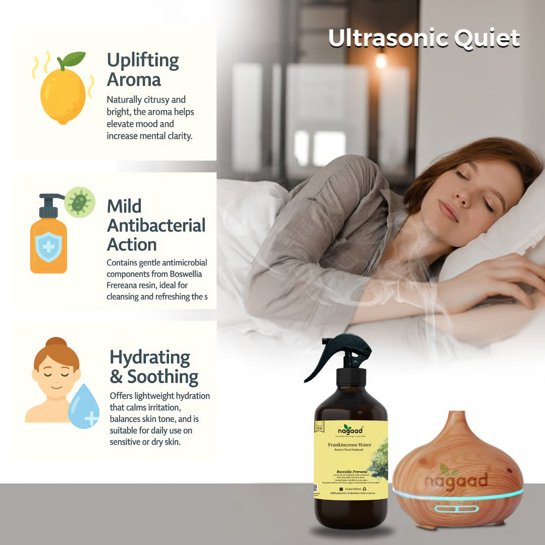 Frankincense essential oil bottle and diffuser with text overlay on a blurred background.